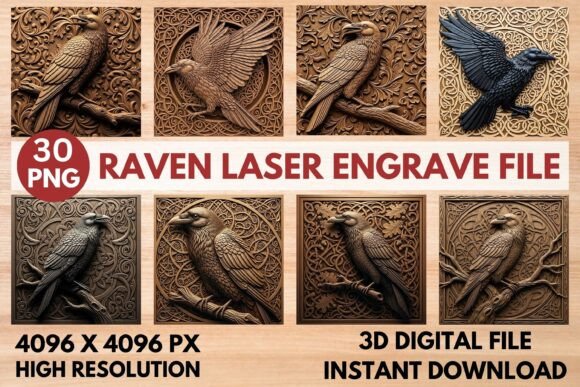 3D Raven Laser Engrave File: Carve Mystery & Magic