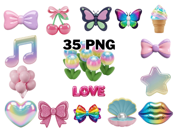 Kawaii Pastel 3D Glossy Icons PNG Set